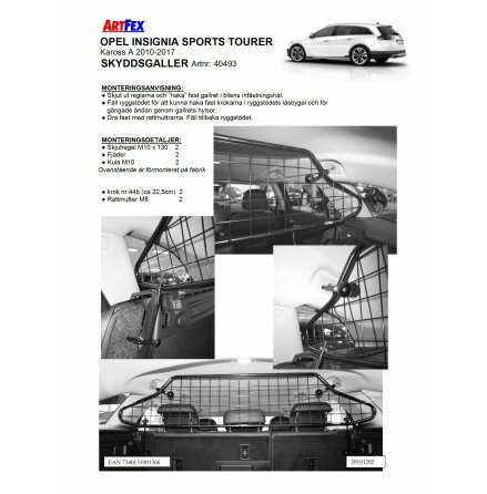 Artfex Hundgaller Opel Insignia Sport Tourer A 2010-2017 passar ven bil med panoramatak