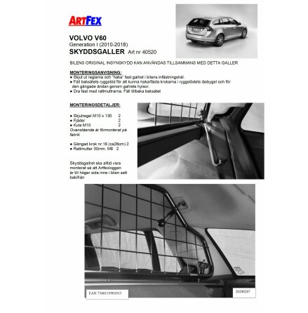 Artfex Hundgaller-Skyddsgaller Volvo V60 2010-18 generation 1 